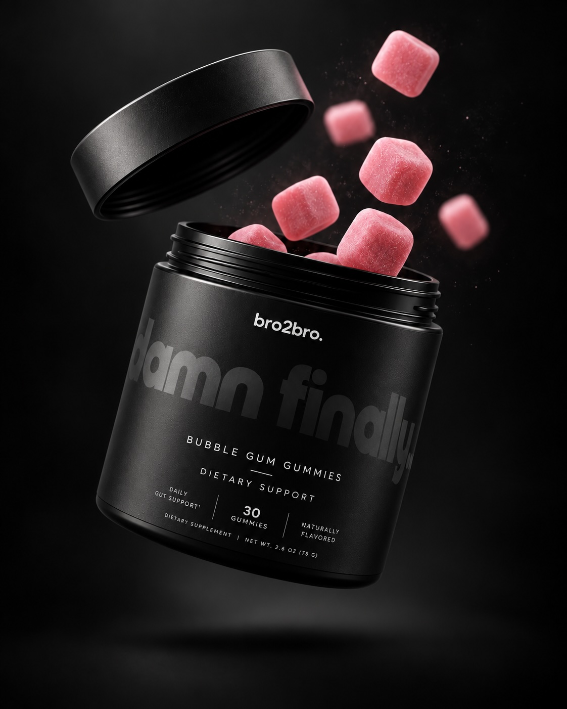 Floating matte-black bro2bro jar with open cap and pink gummies
